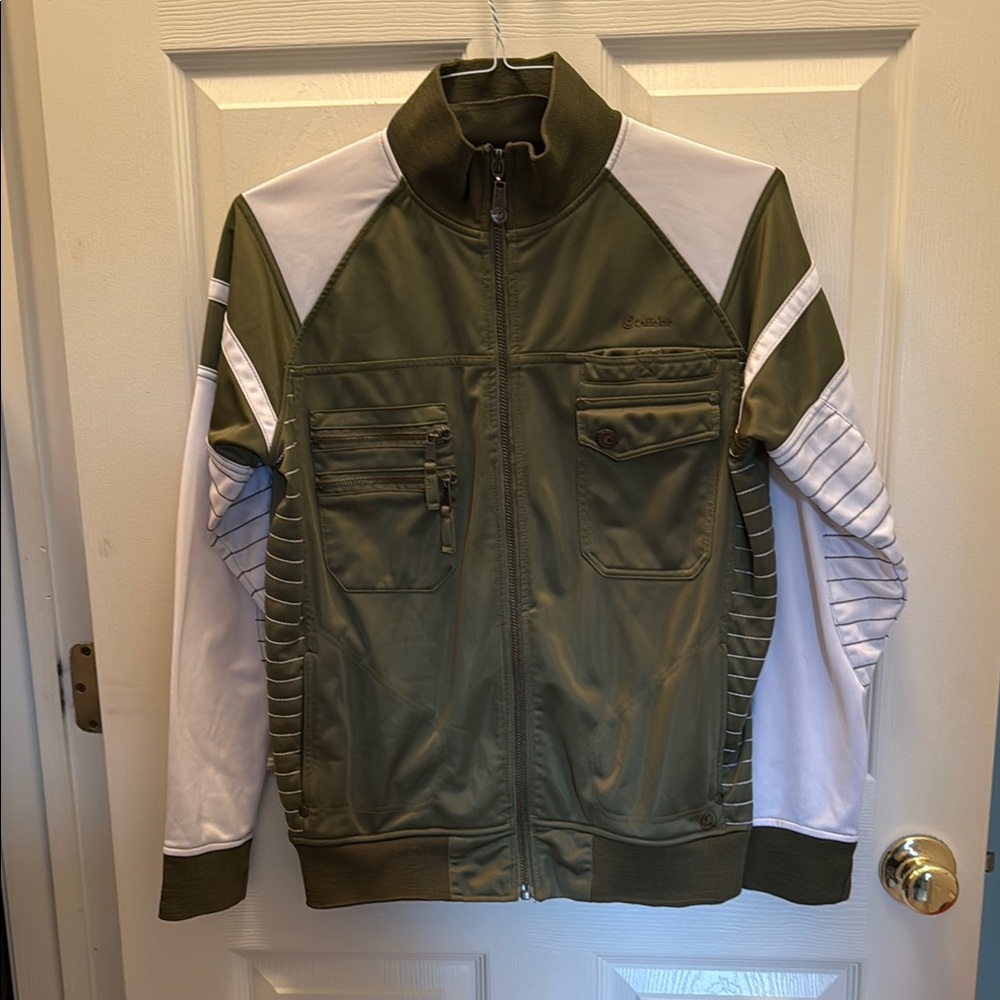 Green and White Varsity Bomber Jacket with Athletic Style